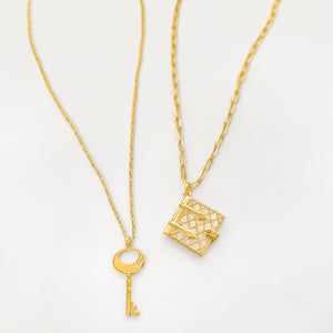 Secret Diary Book Locket and Key Pendant Gift Set (Pearl) - Gold